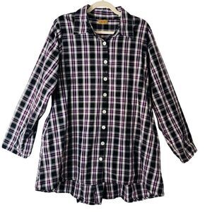 Tulip plaid cotton asymmetrical flounce back black purple white button up tunic